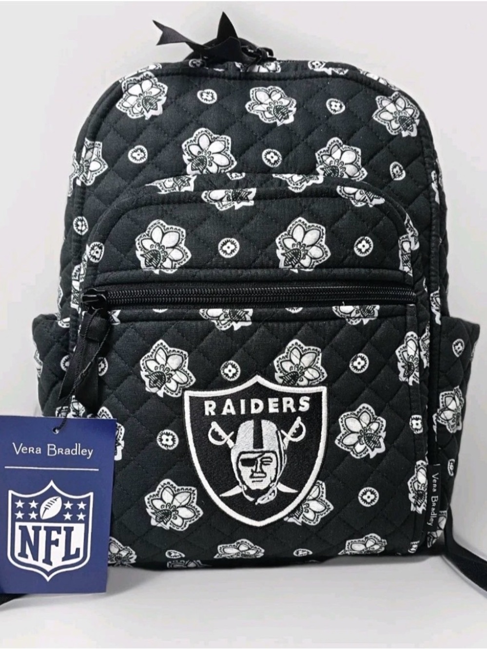 Vera Bradley Black Quilted Floral Raiders Mini Backpack NEW WITH TAGS - Picture 2 of 8